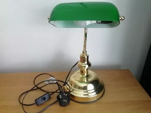 Lloytron  Art Deco Style Brass Bankers Table Desk Lamp Green Glass Shade