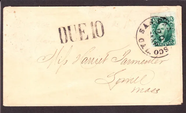 US 14 10c Washington on Short Paid Cover from San Francisco, CA to Lowell, MA