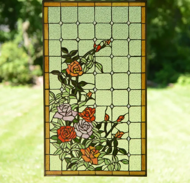 Handcrafted stained glass window panel Rose Flowers , 20" x 34"