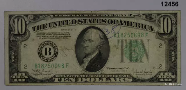 1934 C $10 New York Federal Reserve Note Light Green Fine! #12456