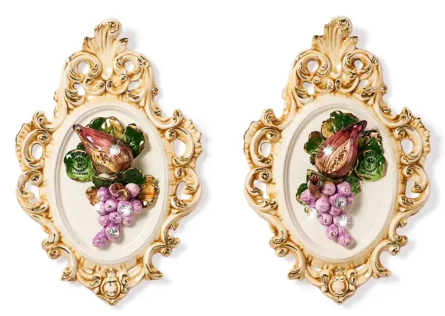Coppia di ovali con frutti in porcellana italiana Capodimonte con oro nuova
