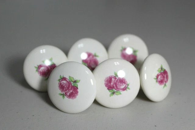 6 Vintage Shabby Chic Ceramic Pink Roses Cabinet Drawer Knobs Pulls  K3