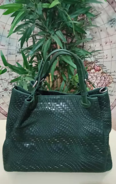 Maxi Bolso Mujer Niña Piel Genuina Estampada Verde Tejido Hecho...