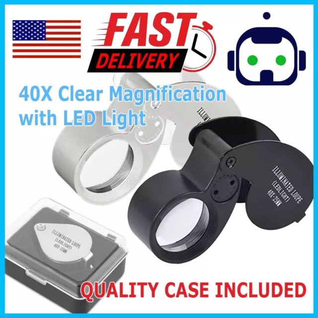 40X Magnifying Loupe Jewelry Eye Glass Magnifier LED Light Jewelers Loop Pocket