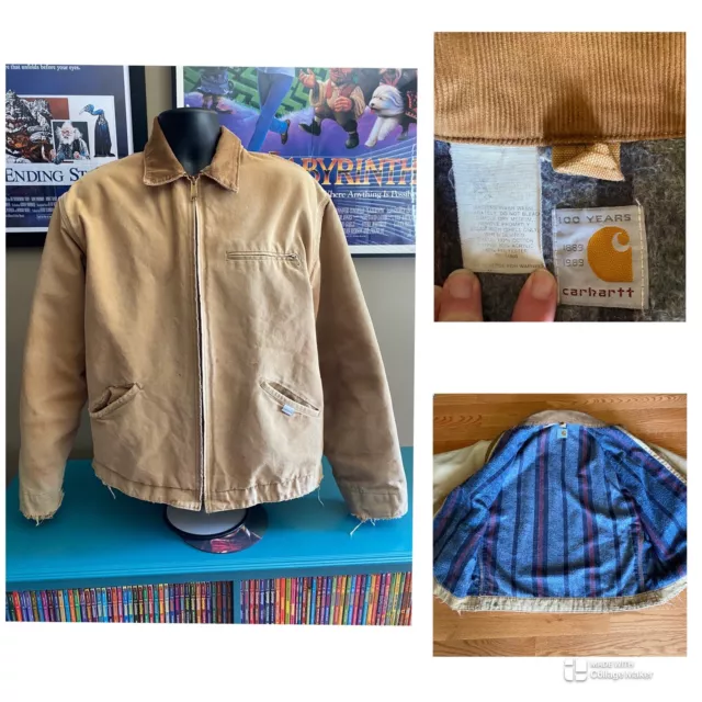 Vintage 1989 Carhartt Blanket Lined Detroit Jacket Mens L? Tan 100 Year 80s READ