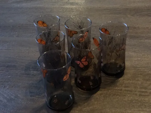 6 Pc Libbey Drinking Glasses Monarch Butterfly Wheat Pattern Amber Brown Vintage