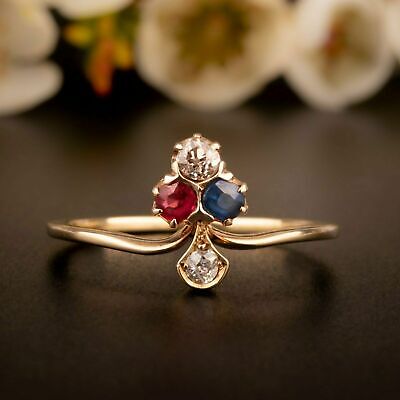 2Ct Antique Victorian Trefoil Old Round Ruby/Sapphire Ring 14K Yellow Gold Over