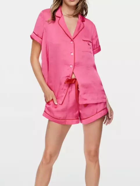 PETER ALEXANDER HOT Pink Poly Satin Top Shorts Pj Set Large L
