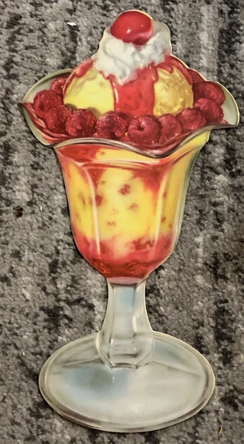 Ice Cream Poster Die-Cut Diner Sign Raspberry Sundae Soda Fountain 1950 Vintage