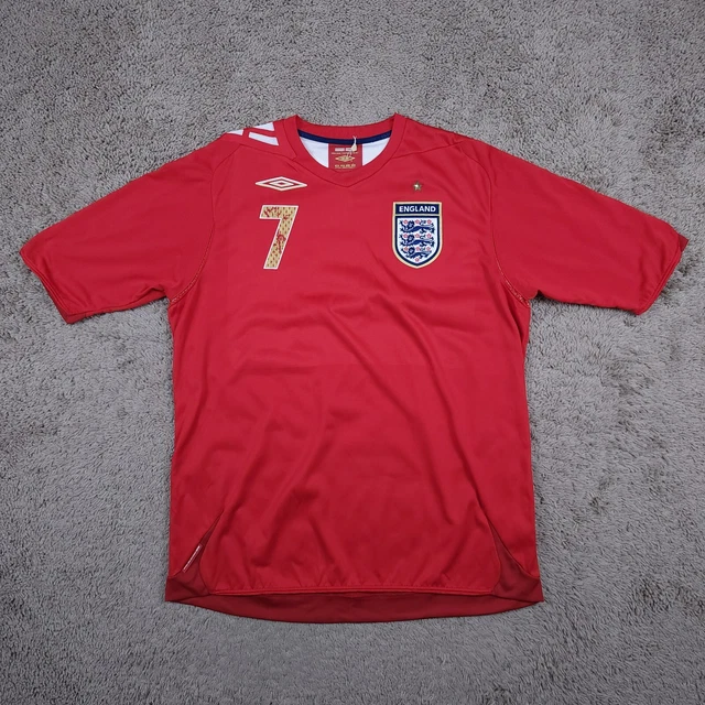 2006/2008 England Beckham 7 Umbro Soccer Jersey L Red National Stretch Authentic