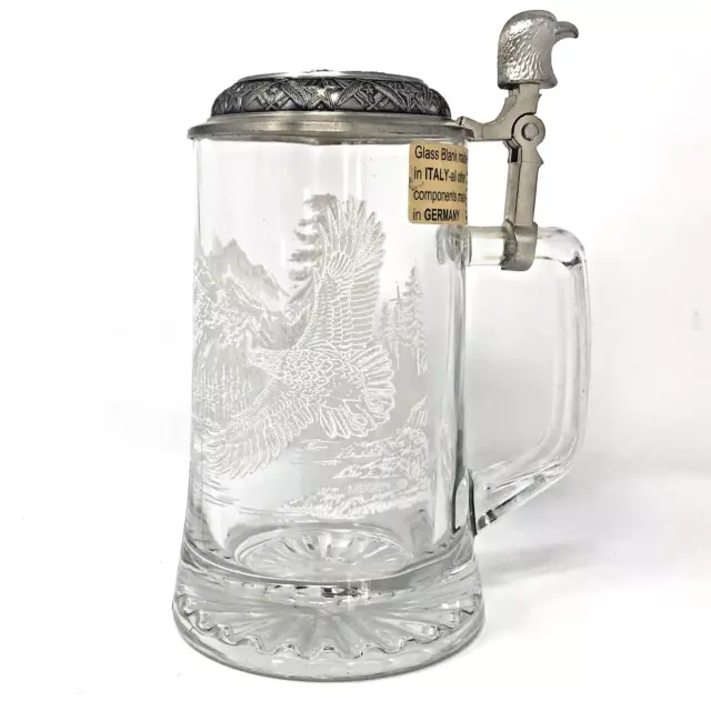 German Etched Glass Beer Stein Bald Eagle ZINN Lid VTG Wildlife Artist J.Meger