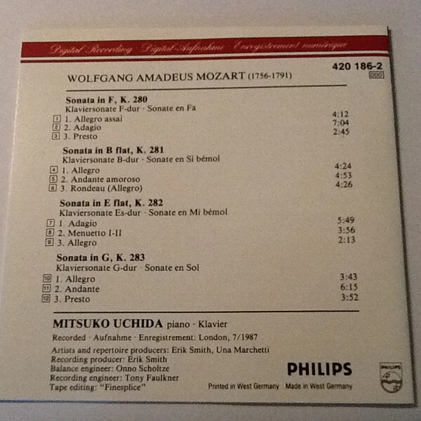 WOLFGANG AMADEUS MOZART Mitsuko Uchida 4 Piano Sonatas = Klaviersonaten