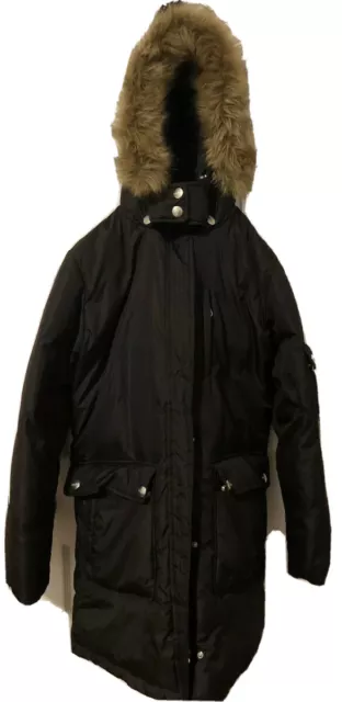 Womens DKNY black puffer coat with detachable faux fur trimmed hood