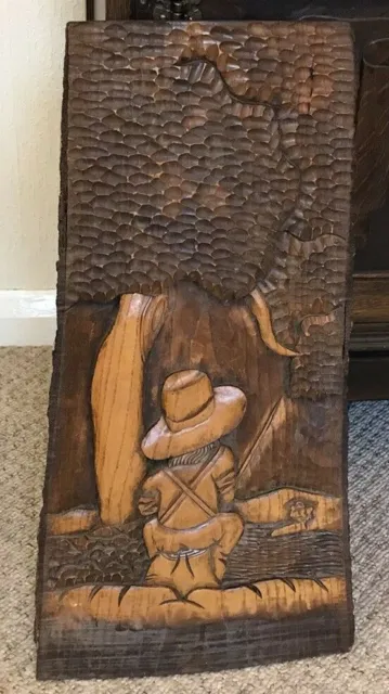 Vintage Australian Wooden Panel Bark Carving Boy Fishing Folk Art 23 1/2" x10"