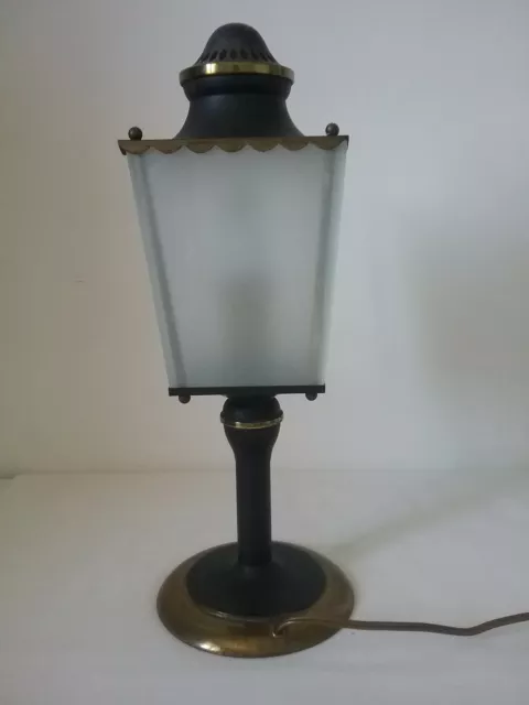 Grande lampe de table  métal noir laiton doré verre ancien, Arlus Lunel 1950 2