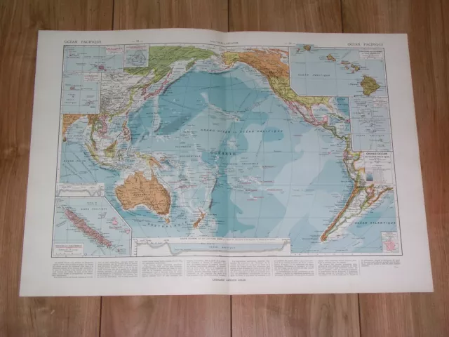 1925 Vintage Map Of Pacific Ocean Oceania Hawaii New Caledonia / Verso Atlantic