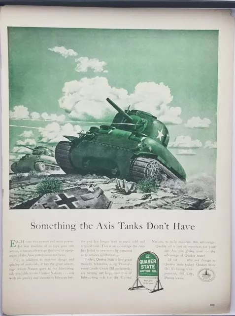 1943 Quaker State Motor Oil Something The Axis Tanks Don't Have Vintage Print Ad