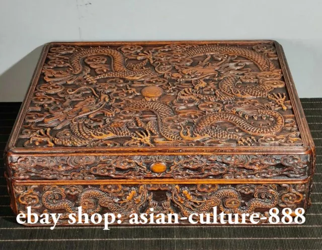 14.2" China Huang Huali wood Two Dragon Play Bead Royal Dynasty Palace Box Case