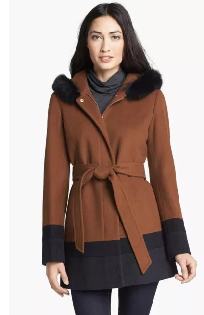 Ellen Tracy Wool Coat - Size 8- Tan With Black Trim - Genuine Fox Fur Collar