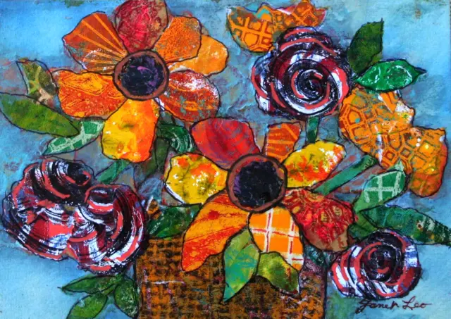 JANET LEO  sfa   ORIGINAL MIXED MEDIA   collage BASKET OF SUNSHINE   floral