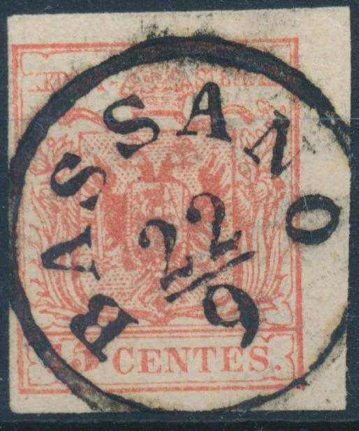 LOMBARDEI-VENETIEN 1850 15C, MP, Type III. BASSANO. Schön!