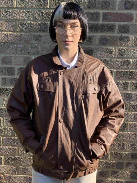 Giacca Harrington vintage marrone in pelle stile bomber