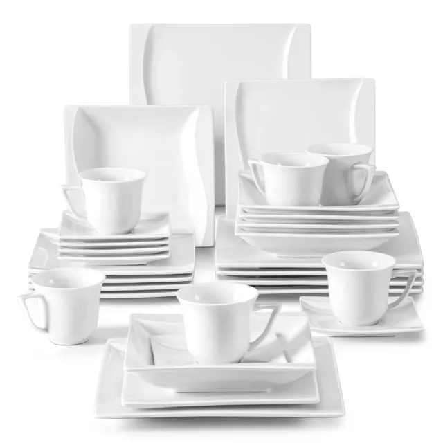 MALACASA Series Carina 30-Piece Dinnerware Set Ivory White Porcelain Plates Cups