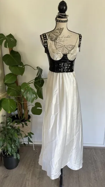 Vintage Yves Saint Laurent White Satin Floral Lace Full Length Maxi Slip Dress L