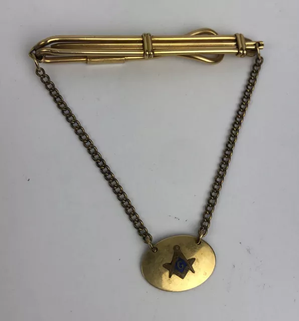 Masonic Tie Bar Gold Chain Signet Vintage Free Masons Jewelry - LOOK