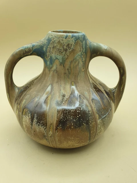 grés Metenier vase  ventru deux  anses brun bleu  H 16 cm L 18 cm