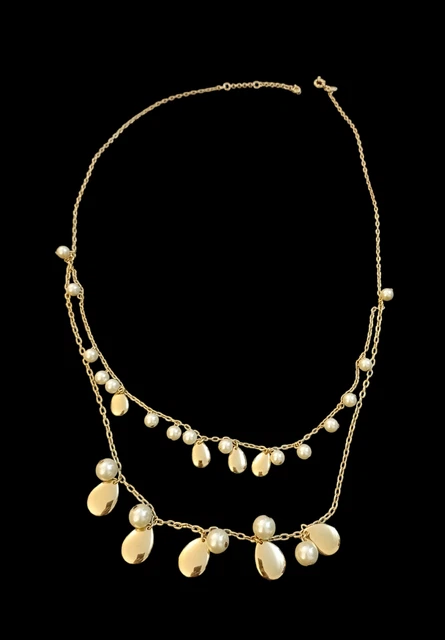 J.Crew Gold Tone Multi Strand Faux Pearl Tear Drop Long Statement Necklace 35"