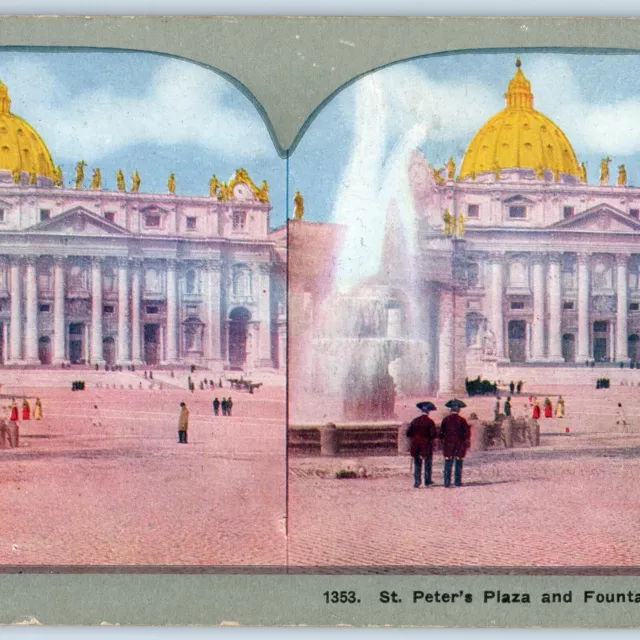 c1900s Rome, Italy St Peter's Plaza Fountain Litho Photo Stereo Card V9