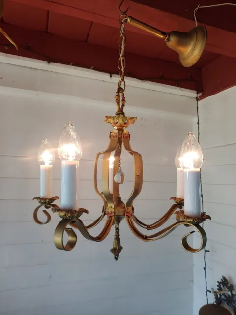 Antique 5 Light Ornate Golden Chandelier Art Nouveau Deco With Ceiling Cap