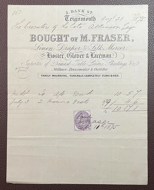 1875 M. Fraser, Draper & Silk Mercer, 5 Bank Street, Teignmouth Invoice