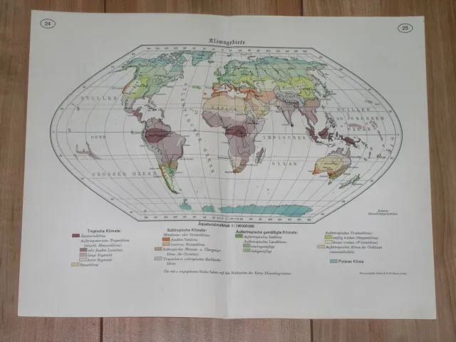 1938 Original Vintage Map Of The World / Climatic Chart Weather Meteorology