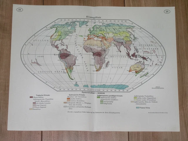 1938 Original Vintage Map Of The World / Climatic Chart Weather Meteorology