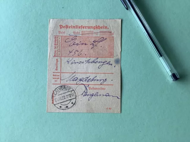 Germany Calvorde Braunschweig 1922 postal delivery note  Ref A1537