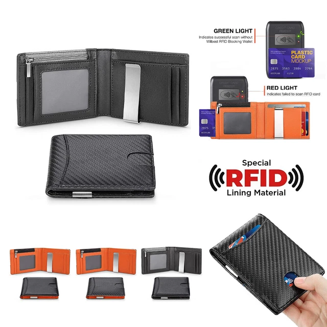 Mens Slim Zipper Wallet Money Clip RFID Blocking Bifold Credit Card Holder Slot