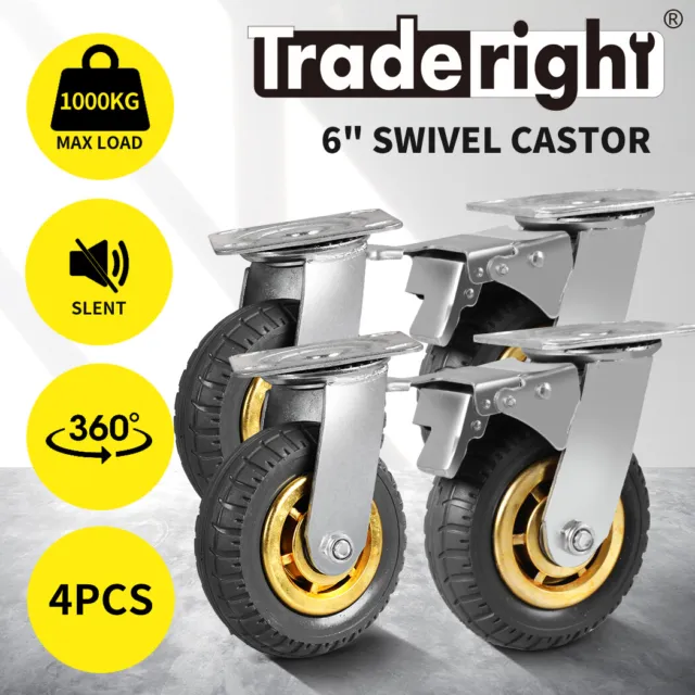 Traderight Castor Wheels 4X 6" 150mm Swivel Silent Caster 2 Brakes 1000KG Load