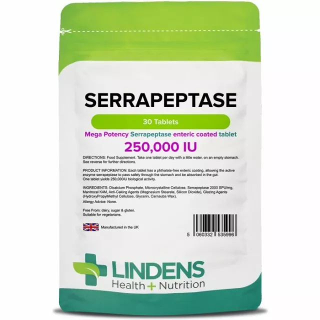 Lindens Serrapeptase 250,000IU 3-PACK 90 tablets high strength enteric coated