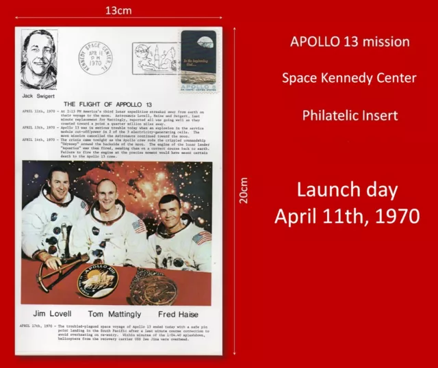 APOLLO 13 launch day 11 Apr 1970 Philatelic insert Kennedy Space Ctr 20x13cm !!!