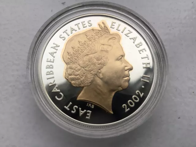 2002 SILVER PROOF EAST CARIBBEAN $10 Ten Dollar COIN QE11 in Gold Plate.