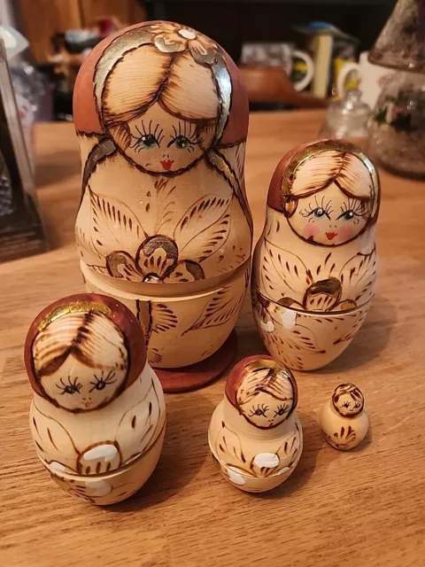 5 Vintage Russian Matryoshka Birch Wooden Nesting Doll Hand Made With Gold Leaf