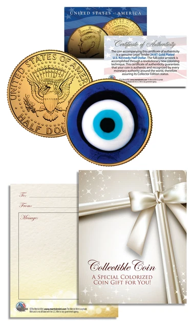 EVIL EYE AMULET Kennedy JFK Half Dollar U.S. 24K Gold Plated Talisman LUCKY COIN