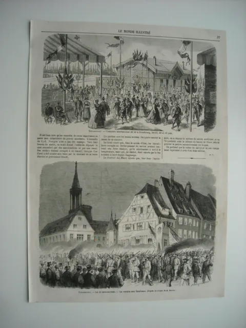 Gravure 1868. A Strasbourg, Concours International De Tir. Retraite Aux Flambeau