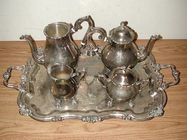 Vntge Leonard 5-Pc Silverplate Footed Tea/Coffee Set: Pots, Creamer, Sugar, Tray