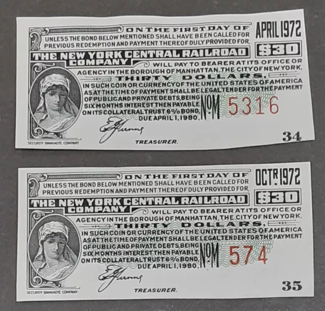 Pair of New York Central RR Bond $20 Interest Coupons Due 1972 AU+ Condition