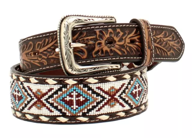 Nocona Western Mens Belt Leather Buck Lace Floral Beaded Inlay Brown N210005505