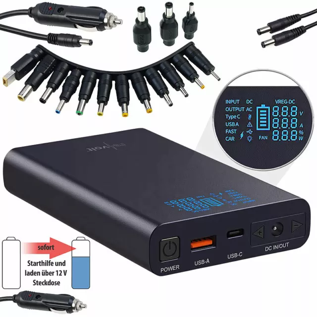 revolt USB-Powerbank mit 18 Ah, DC 3 - 24 V, Starthilfe, QC & USB-C PD, 160 W