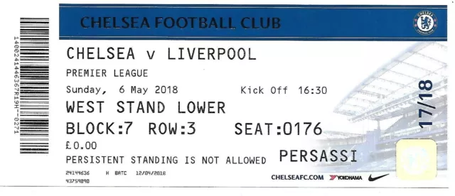 CHELSEA v LIVERPOOL 6th MAY 2018. (CHELSEA MATCH DAY TICKET).